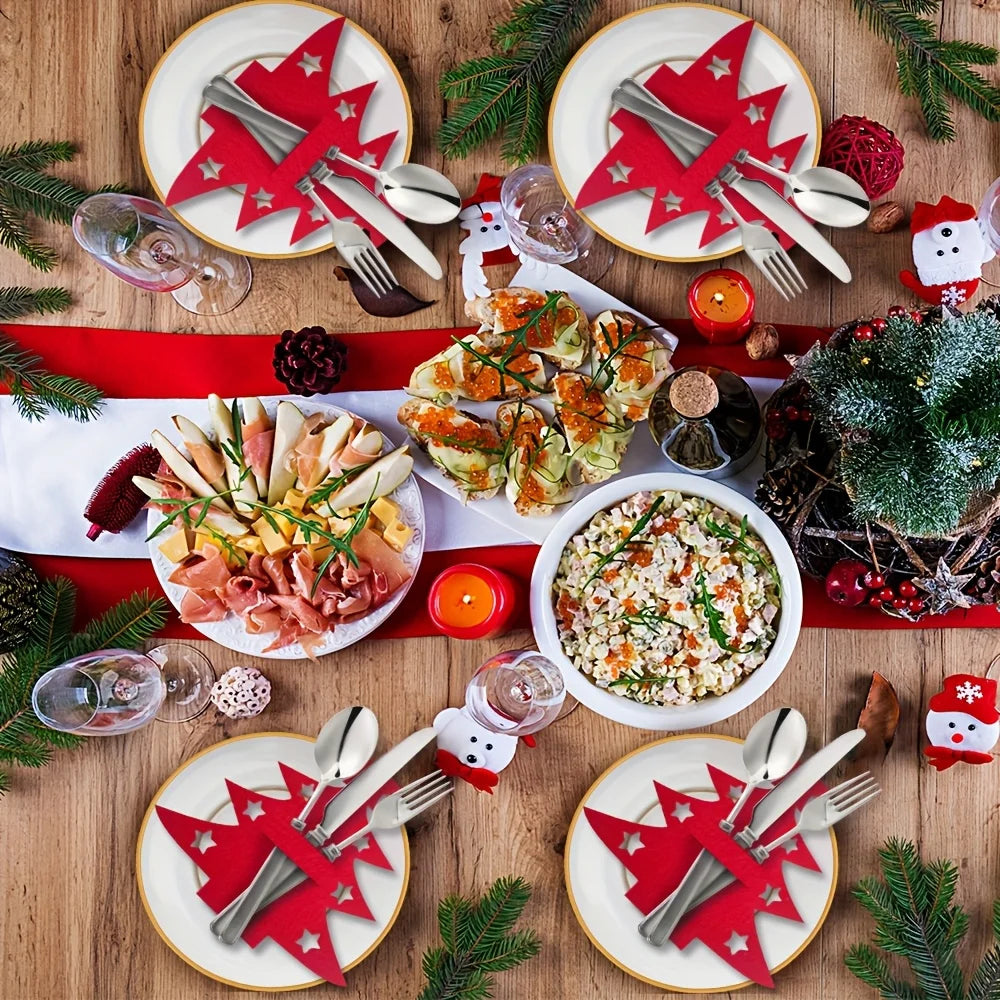 12pcs Christmas Tree Placemats Felt Fork and Spoon Bag Set Suitable for Christmas and Other Holiday Party Table Decoration