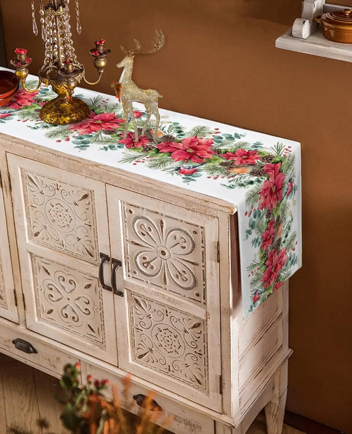 Christmas Red Flower Berry Winter Plants Linen Table Runners Wedding Decoration Washable Kitchen Dining Table Runners Decoration