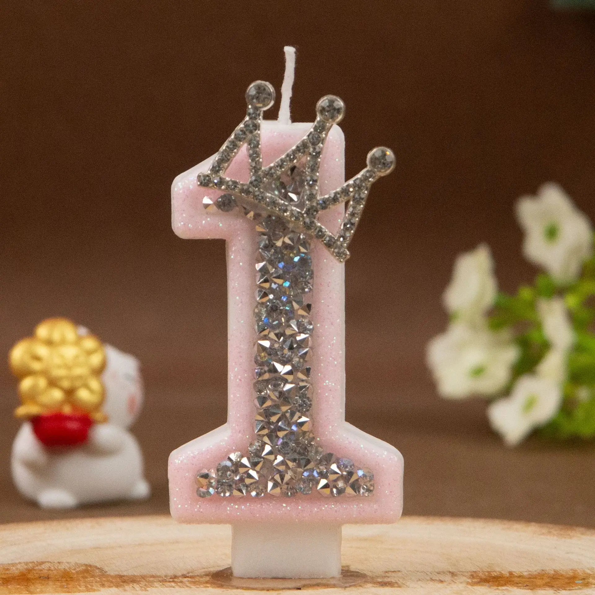 Digital Candles 0-9 Pink Silver Rhinestone Crown Creative Cake Decorative Birthday Candles
