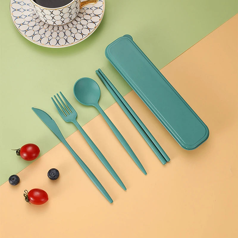 4Pcs/Set Portable Utensils With Box Healthy Eco-Friendly Wheat Straw Cutlery Reusable Chopstick Fork Knife Spoon Tableware Set