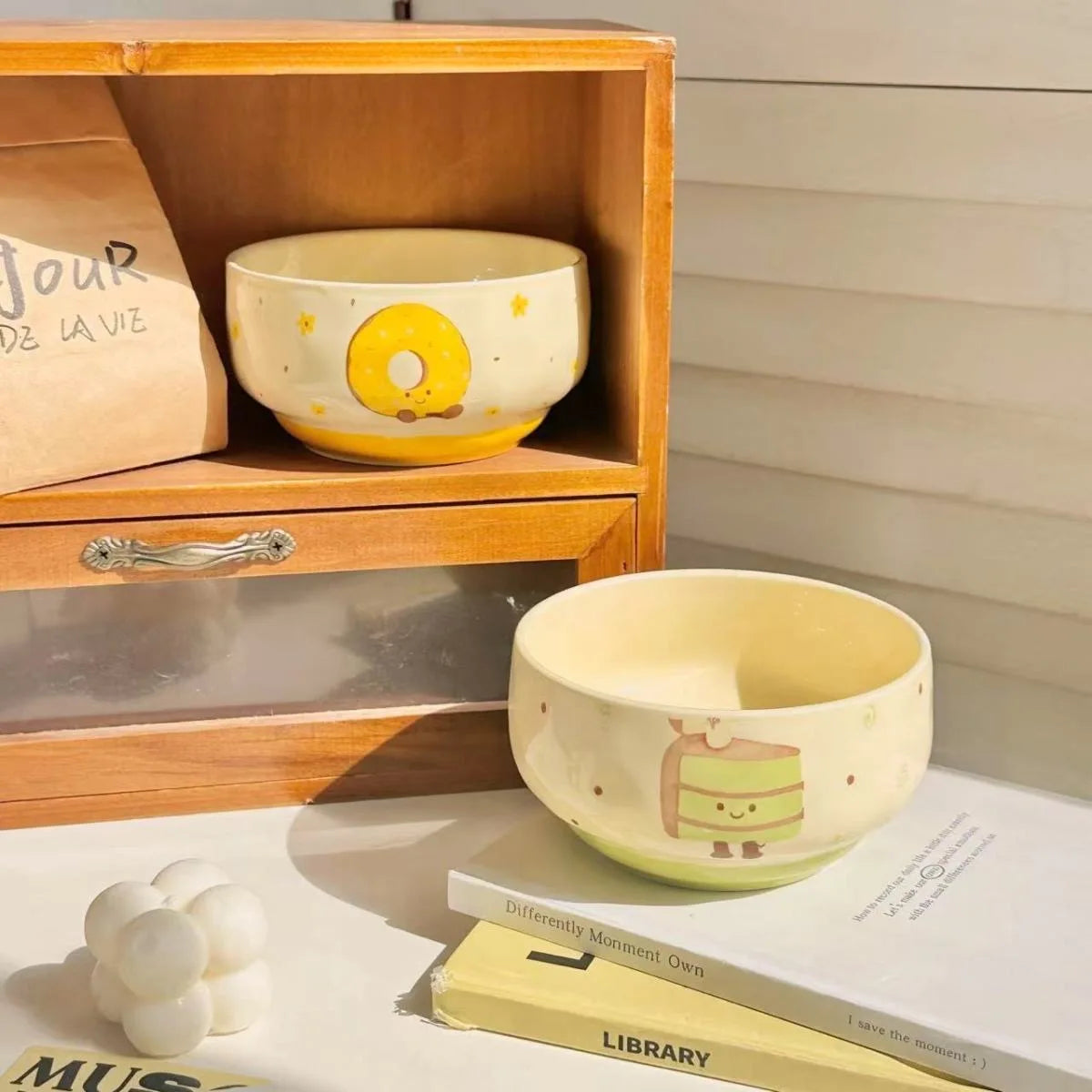 Cute Ceramic Bowl Household 4.5 Inch Cartoon Cake Pattern Instant Noodles Bowls Aesthetic Underglazed Colour Dinner Tableware