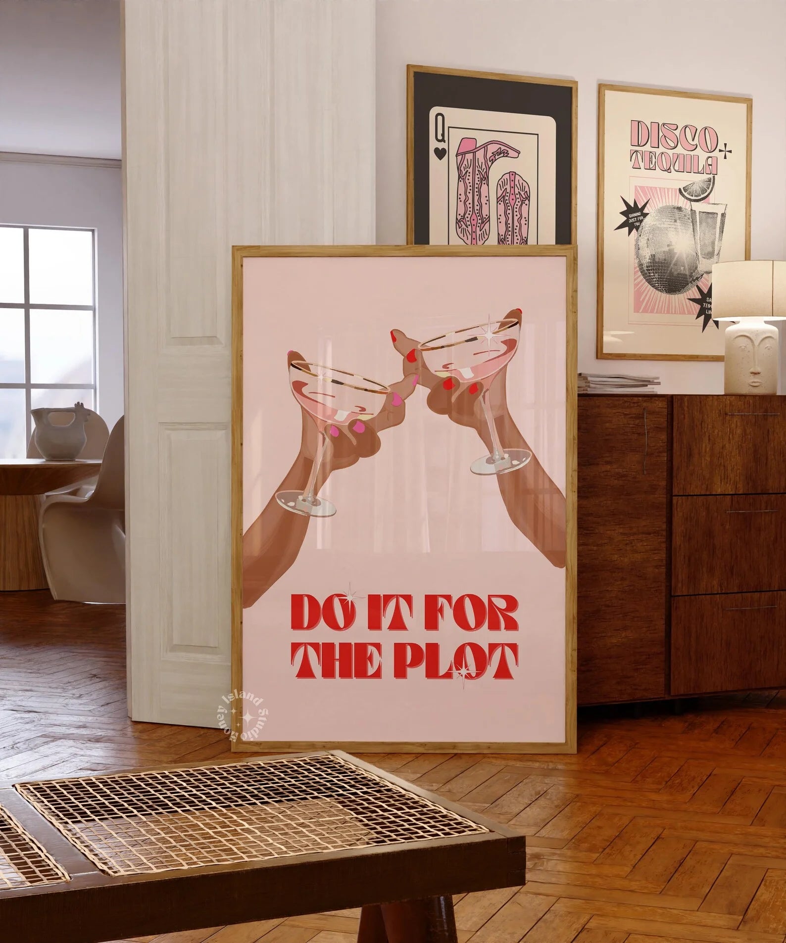 Do it for the plot pink print dorm decor bar cart apartment decor aesthetic trendy retro wall art y2k UNFRAMED