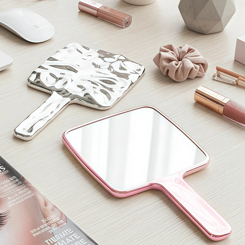 Vintage Vanity Mirror with Handle, Silver Travel Makeup Hand Mirror for Women, Hand Held Aesthetic Water Ripple Frame Decorative