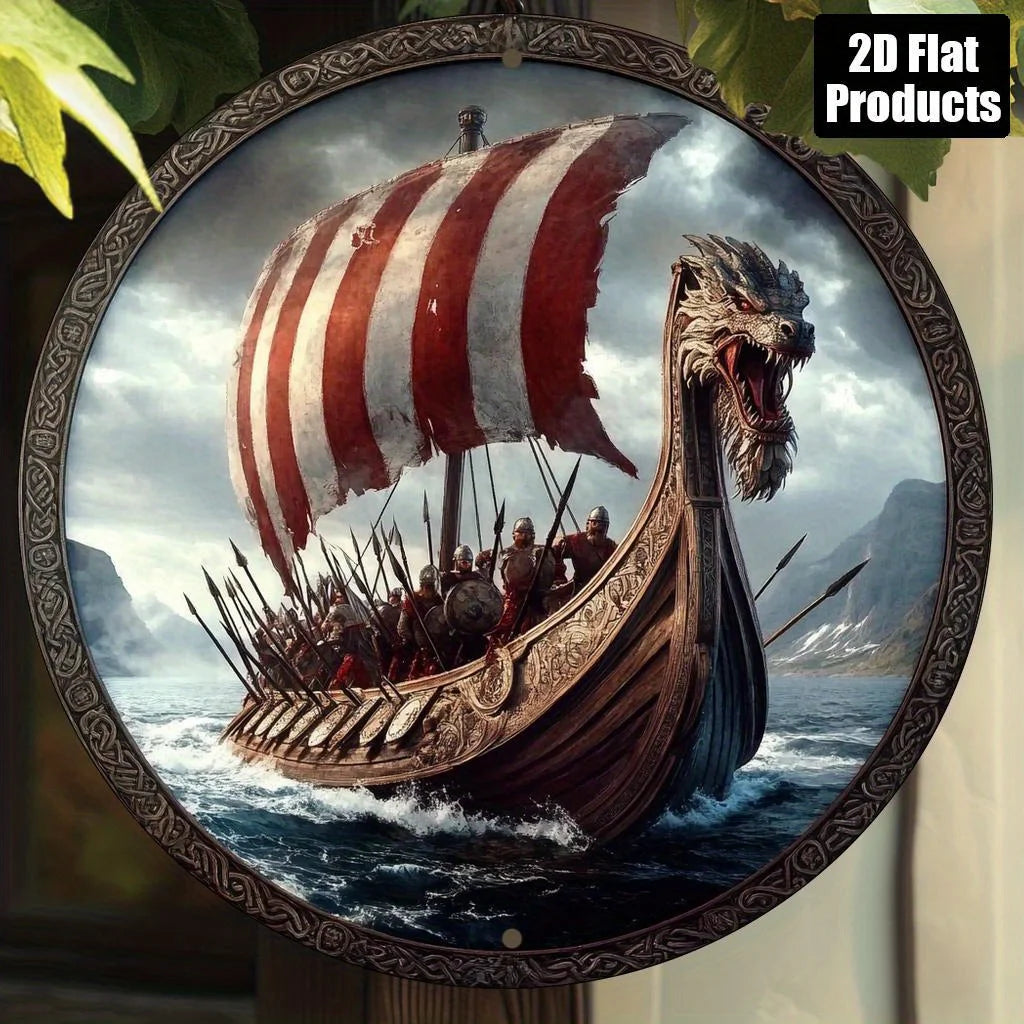 2D Flat - Viking Ship with Dragon Head 2D Aluminum Wall Art - 20.32x20.32 cm Round Decorative Sign, High-Definition Vintage Them