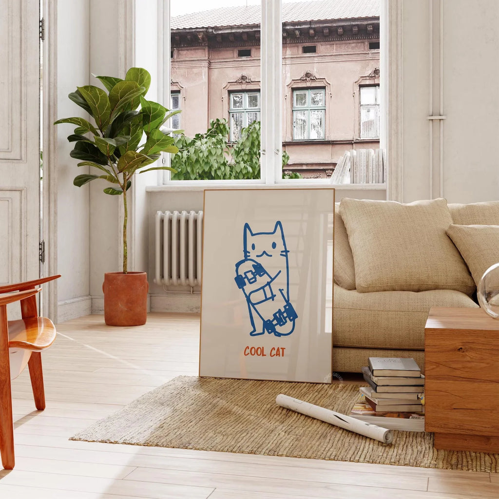 Cat Wall Art, Funny Skateboard Cat Poster, Digital Wall Art, Cat Lover Gifts, Funky Wall Art, Cute Kitten Illustration, Cool Dig
