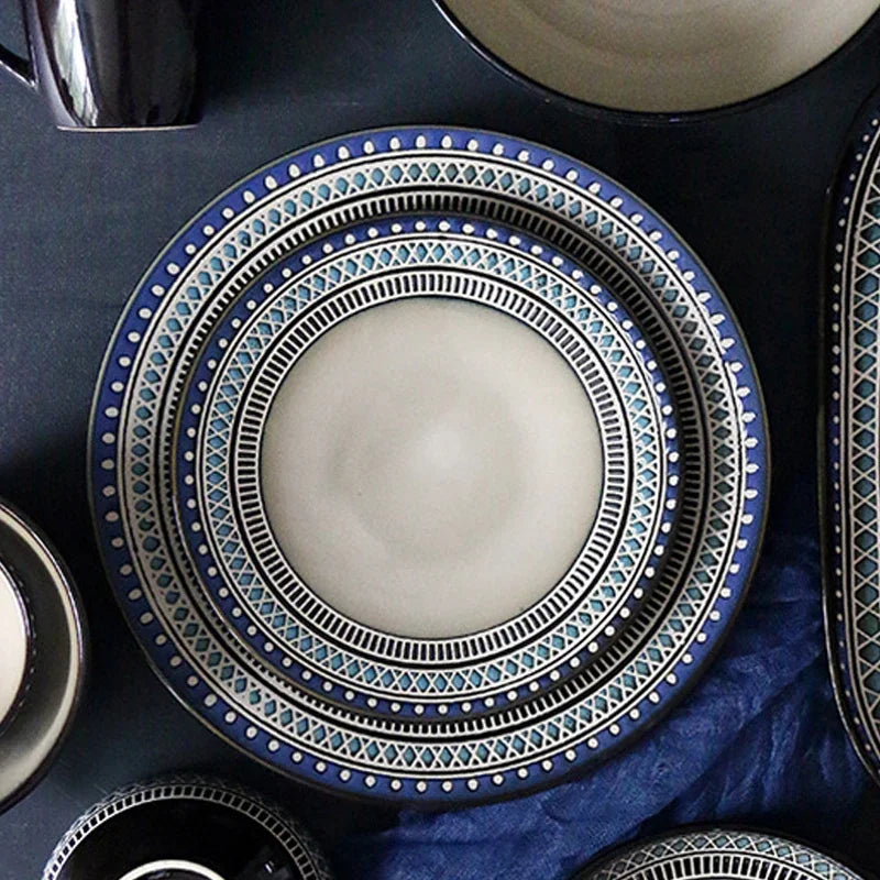 Moroccan Ceramic Tableware Set Bohemian plate set dinnerware Porcelain Round Bowl Oval Plate and mug