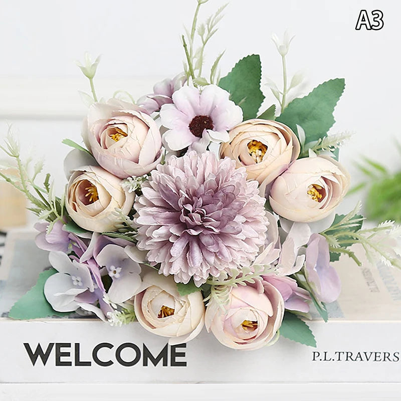 Artificial 1PC Flowers Wedding Home Bedroom Decoration Bridal Bouquet Garden Fake Silk Roses Hydrangeas Vase For Board Outdoors