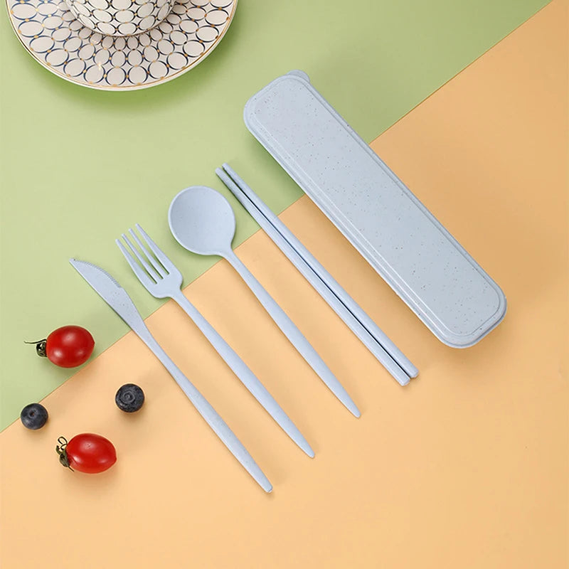 4Pcs/Set Portable Utensils With Box Healthy Eco-Friendly Wheat Straw Cutlery Reusable Chopstick Fork Knife Spoon Tableware Set