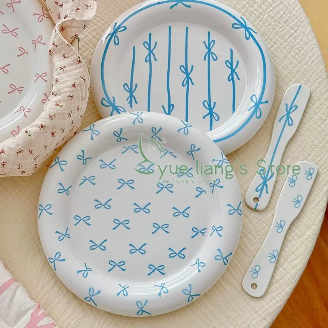 Korean Girl Heart Bow Dinner Plate，Pink Dessert Plate Breakfast Plate ，Salad Plate， Exquisite Afternoon Tea Dish