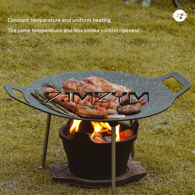 Round Grill Pan Thick Cast Iron Frying Pan Flat Pancake Griddle Non-stick Maifan Stone Cooker Barbecue Tray BBQ Pan
